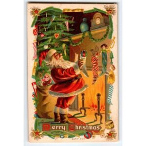 Vintage 1910 Taggart Santa Claus Christmas Postcard with Fireplace Scene